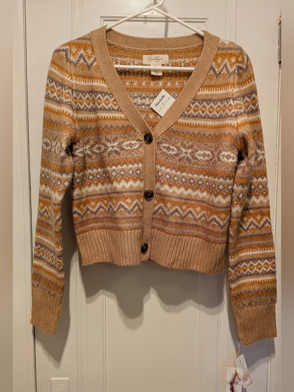 Gorgeous Jessica Simpson Tan and Gold Fair Isle Button-Front Cardigan